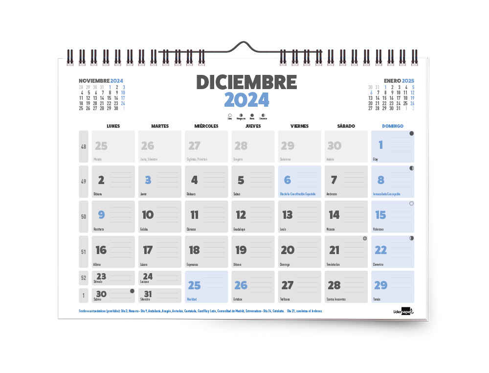 CALENDARIO ESPIRAL PARED LIDERPAPEL CLASICO 2024 PARA ESCRIBIR 44X32 CM PAPEL 70 GR