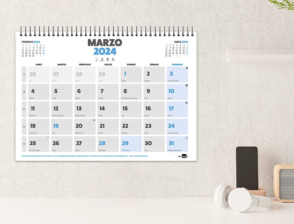 CALENDARIO ESPIRAL PARED LIDERPAPEL CLASICO 2024 PARA ESCRIBIR 44X32 CM PAPEL 70 GR