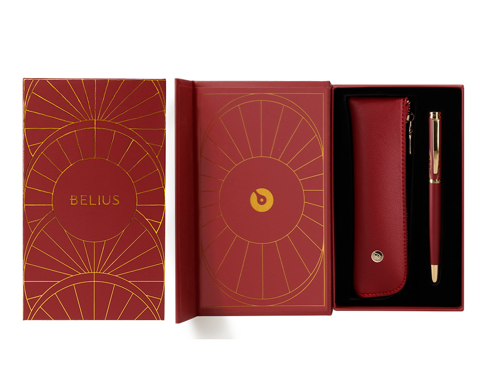 PLUMA Y ESTUCHE BELIUS SOIREE COLOR ART DECO GRANATE Y DORADO TINTA AZUL CAJA DE DISEÑO