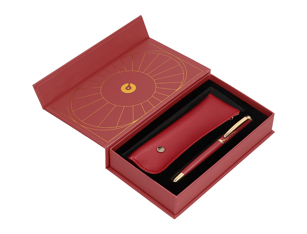 PLUMA Y ESTUCHE BELIUS SOIREE COLOR ART DECO GRANATE Y DORADO TINTA AZUL CAJA DE DISEÑO