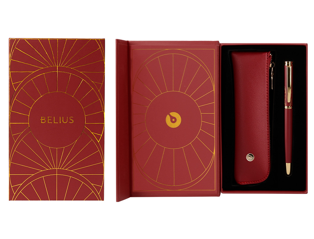 PLUMA Y ESTUCHE BELIUS SOIREE COLOR ART DECO GRANATE Y DORADO TINTA AZUL CAJA DE DISEÑO
