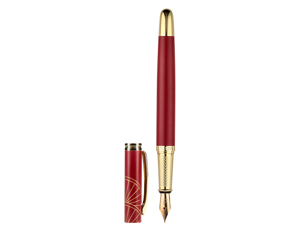 PLUMA Y ESTUCHE BELIUS SOIREE COLOR ART DECO GRANATE Y DORADO TINTA AZUL CAJA DE DISEÑO