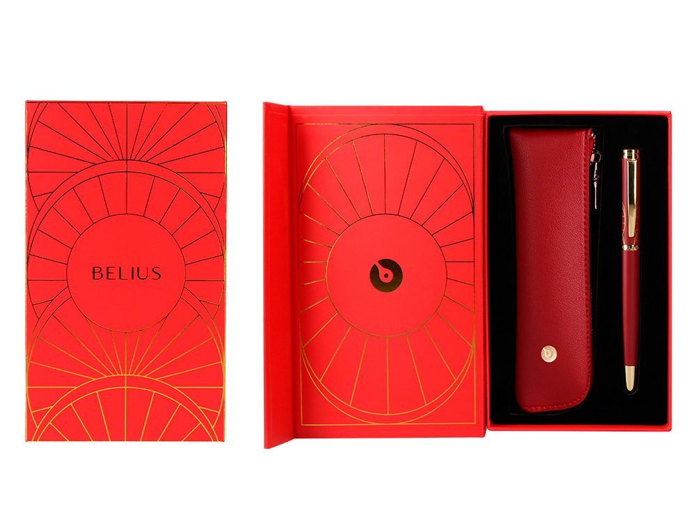 PLUMA Y ESTUCHE BELIUS SOIREE COLOR ART DECO GRANATE Y DORADO TINTA AZUL CAJA DE DISEO