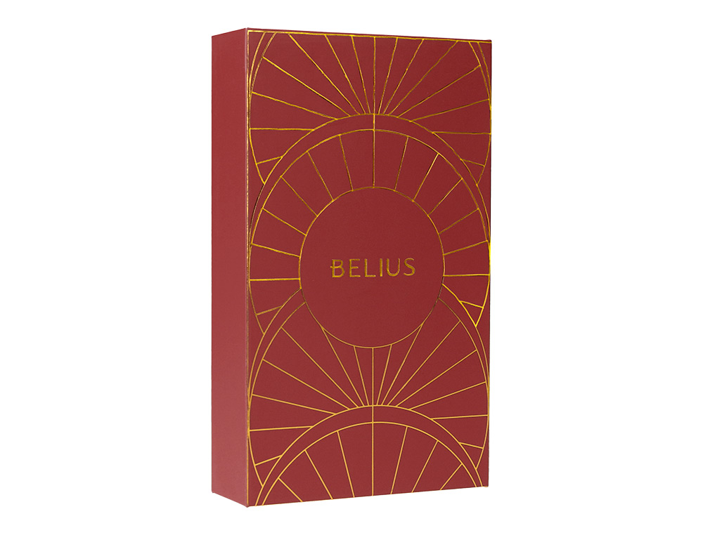 PLUMA Y ESTUCHE BELIUS SOIREE COLOR ART DECO GRANATE Y DORADO TINTA AZUL CAJA DE DISEÑO