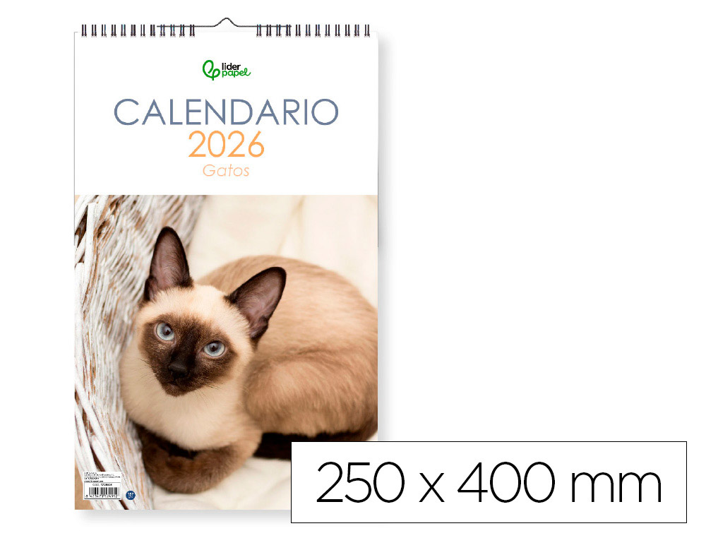 CALENDARIO ESPIRAL PARED LIDERPAPEL IMAGENES GATOS 2026 PARA ESCRIBIR 25X40 CM PAPEL 157 GR