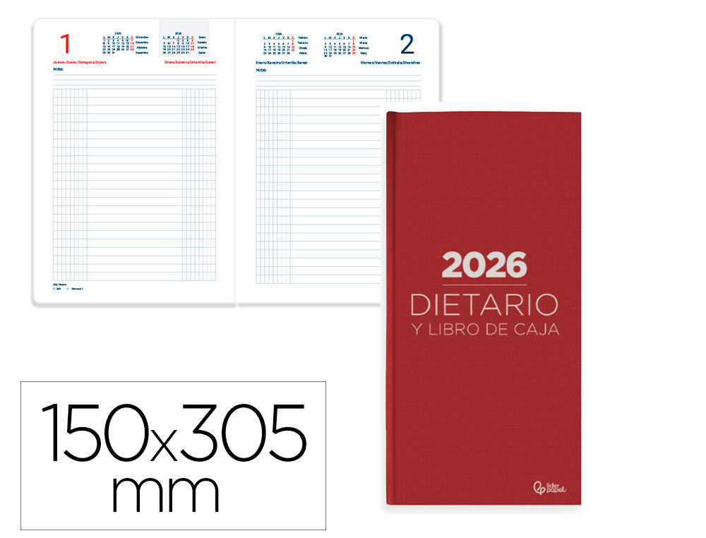 DIETARIO LIDERPAPEL 2026 DOS TERCIOS 150X305 MM DIA PAGINA COLOR ROJO PAPEL 70 GR