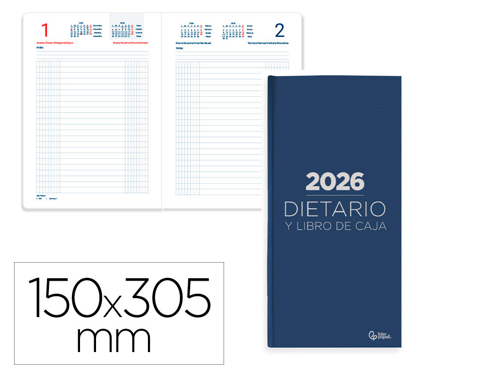 DIETARIO LIDERPAPEL 2026 DOS TERCIOS 150X305 MM DIA PAGINA COLOR AZUL PAPEL 70 GR