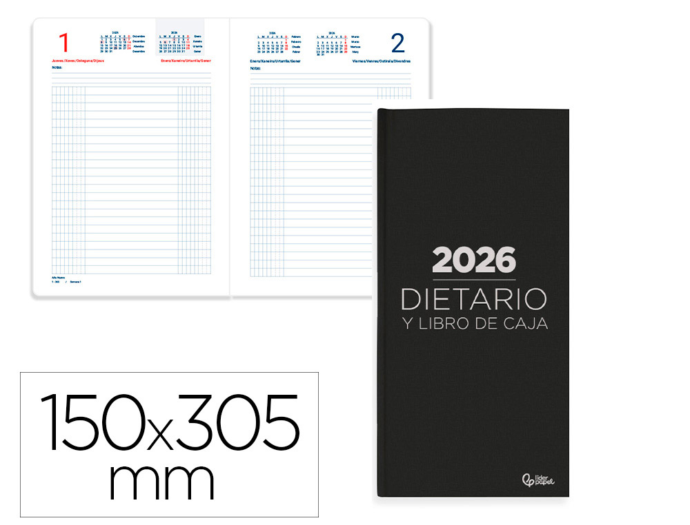 DIETARIO LIDERPAPEL 2026 DOS TERCIOS 150X305 MM DIA PAGINA COLOR NEGRO PAPEL 70 GR