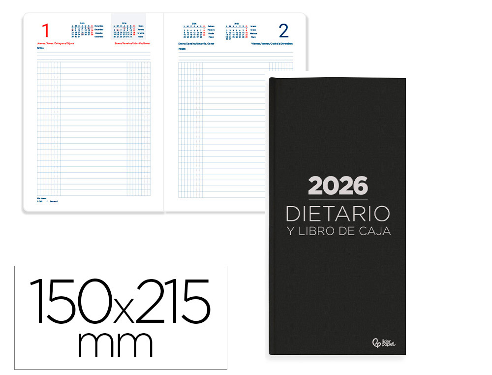 DIETARIO LIDERPAPEL 2026 CUARTO 150X215 MM DIA PAGINA COLOR NEGRO PAPEL 70 GR