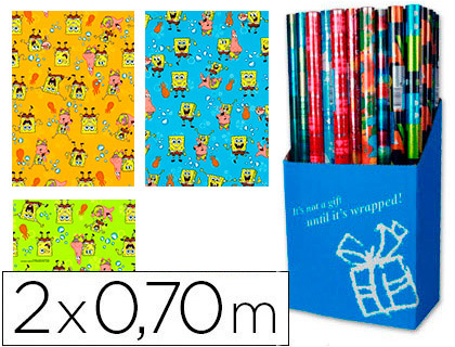 PAPEL DE REGALO INFANTIL BOB ESPONJA ROLLO ANCHO 70 CM LONGITUD 2 M MODELOS SURTIDOS GRAMAJE 60 GR